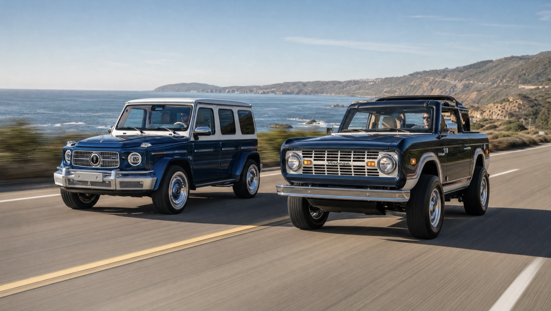 Two Vintage Modern classics, one in Midnight Blue and one G Vintage, on a coastal road